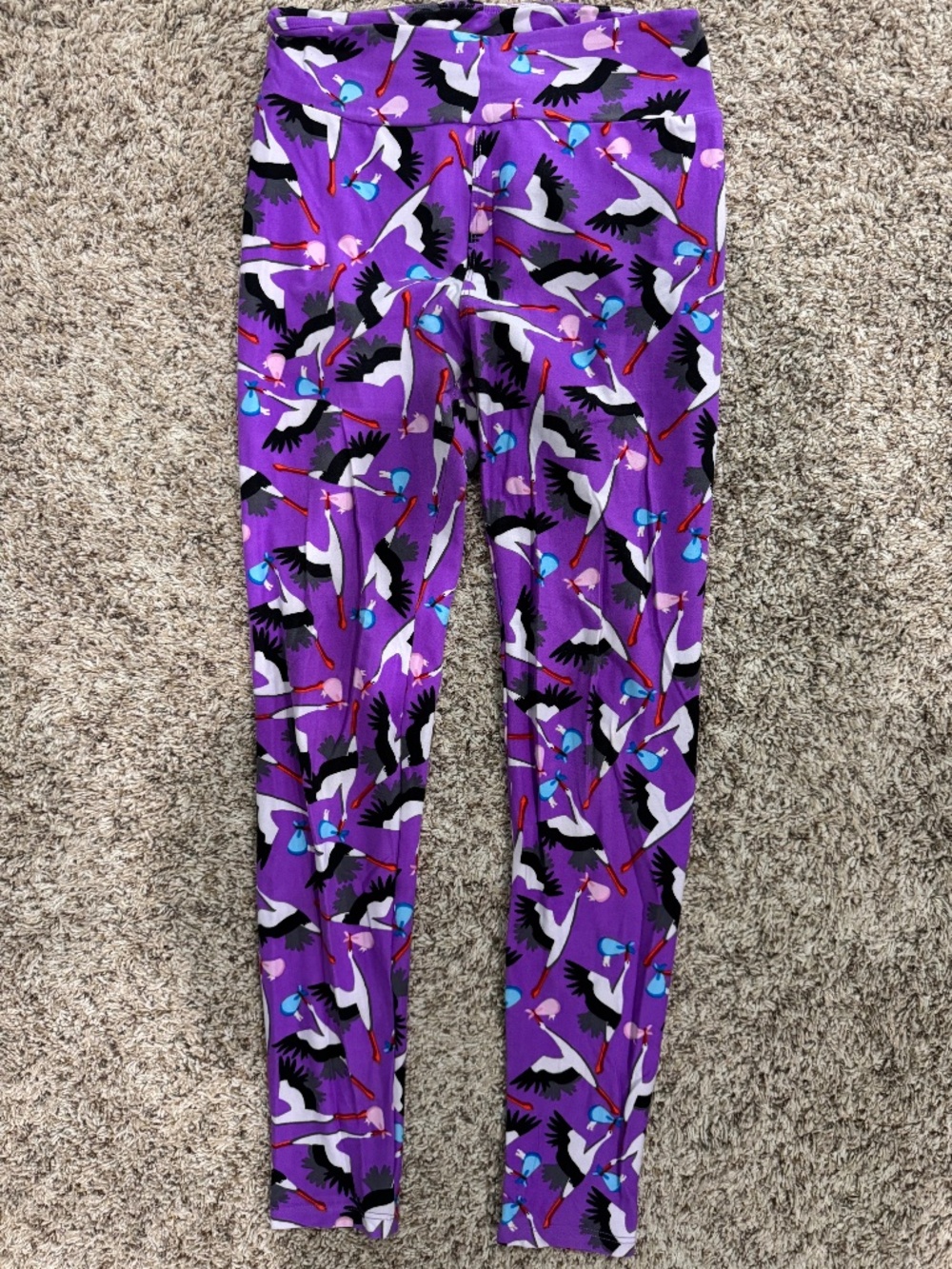 LuLaRoe storks leggings purple background with pink/blue bundles OS fits 2-10